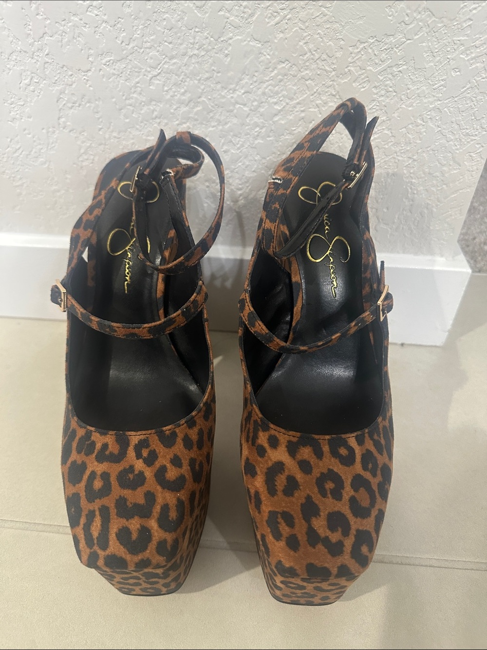 Jessica Simpson Leopard Print Platform Mary Jane Heels - Brown/Black